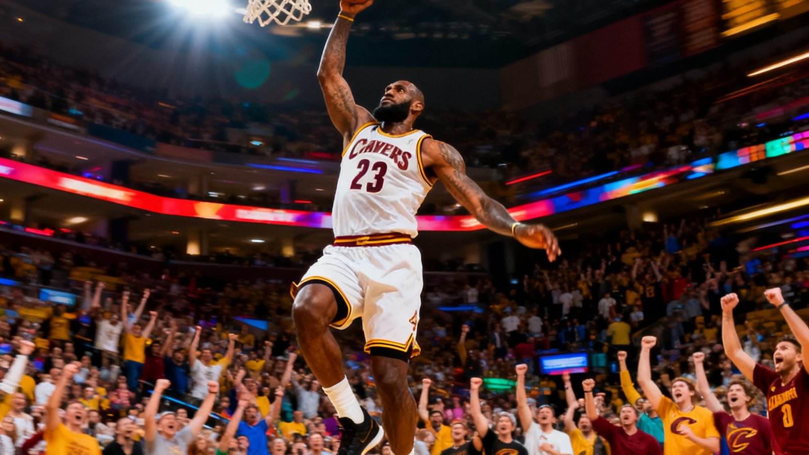 NBA常规赛湖人队勒布朗·詹姆斯在比赛中突破扣篮的精彩画面，全场观众起立欢呼
